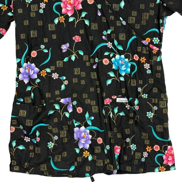 Cherokee Scrub Top XS Black Floral V-Neck Pockets Cotton Tie Waist Medical Vet - Picture 5 of 9